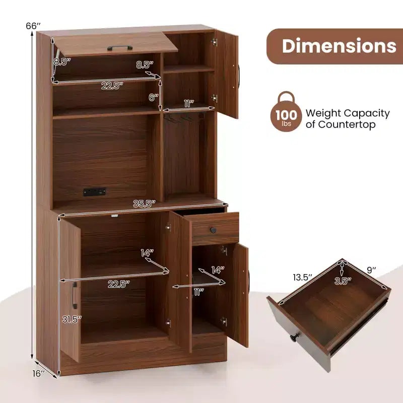 66" Tall Kitchen Pantry Cabinet with Built-In Charging Station – Brown