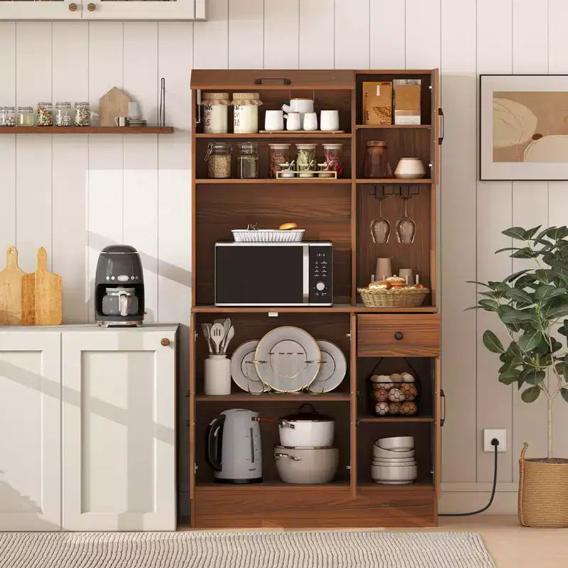 66" Tall Kitchen Pantry Cabinet with Built-In Charging Station – Brown