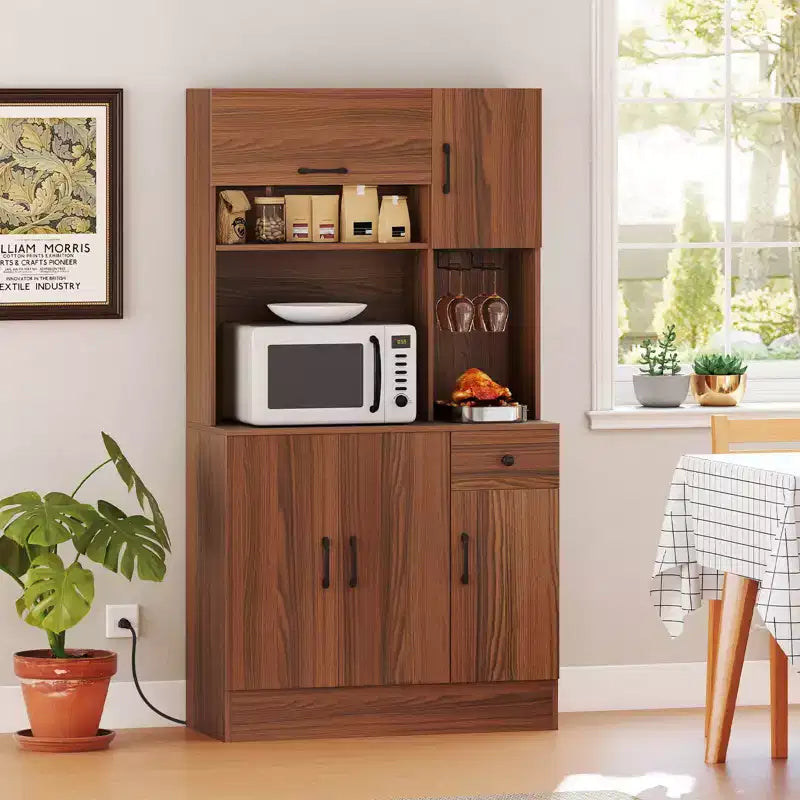 66" Tall Kitchen Pantry Cabinet with Built-In Charging Station – Brown