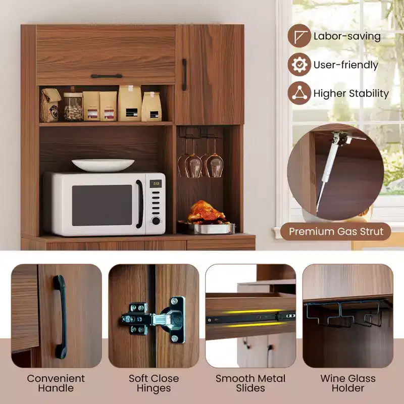 66" Tall Kitchen Pantry Cabinet with Built-In Charging Station – Brown