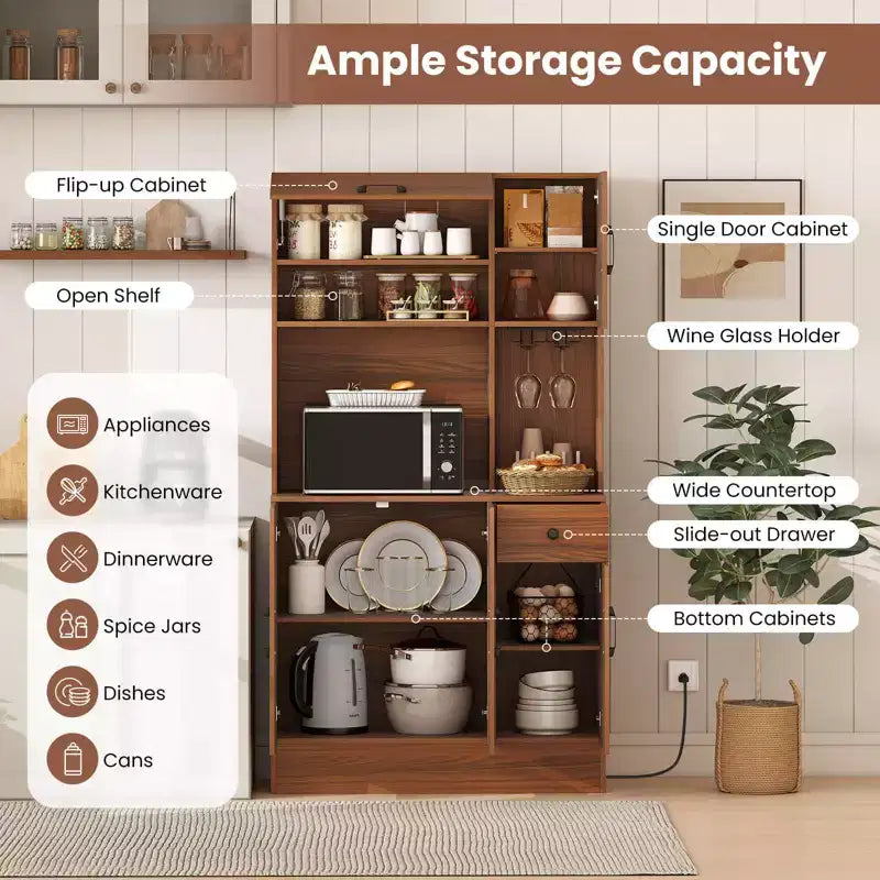 66" Tall Kitchen Pantry Cabinet with Built-In Charging Station – Brown