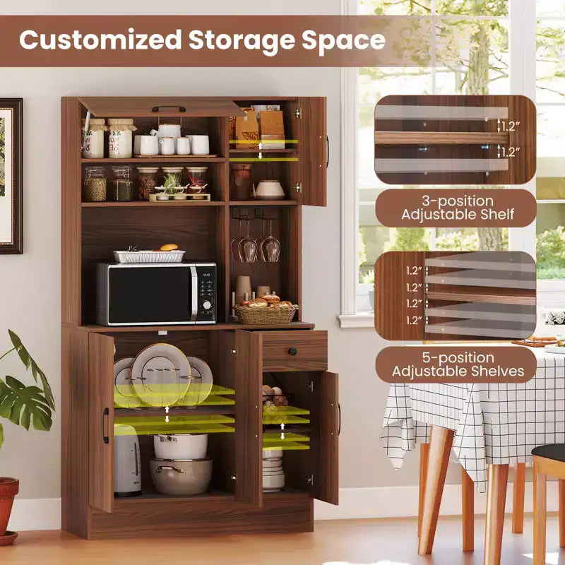 66" Tall Kitchen Pantry Cabinet with Built-In Charging Station – Brown