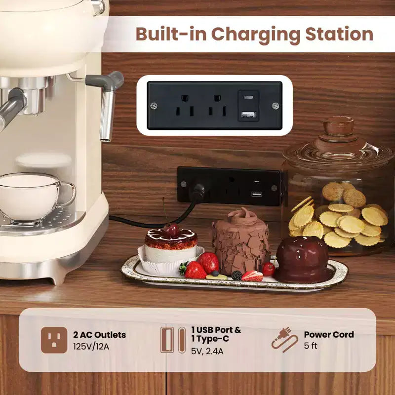 66" Tall Kitchen Pantry Cabinet with Built-In Charging Station – Brown