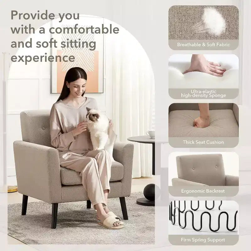 Mid-Century Modern Fabric Accent Armchair with Wood Legs