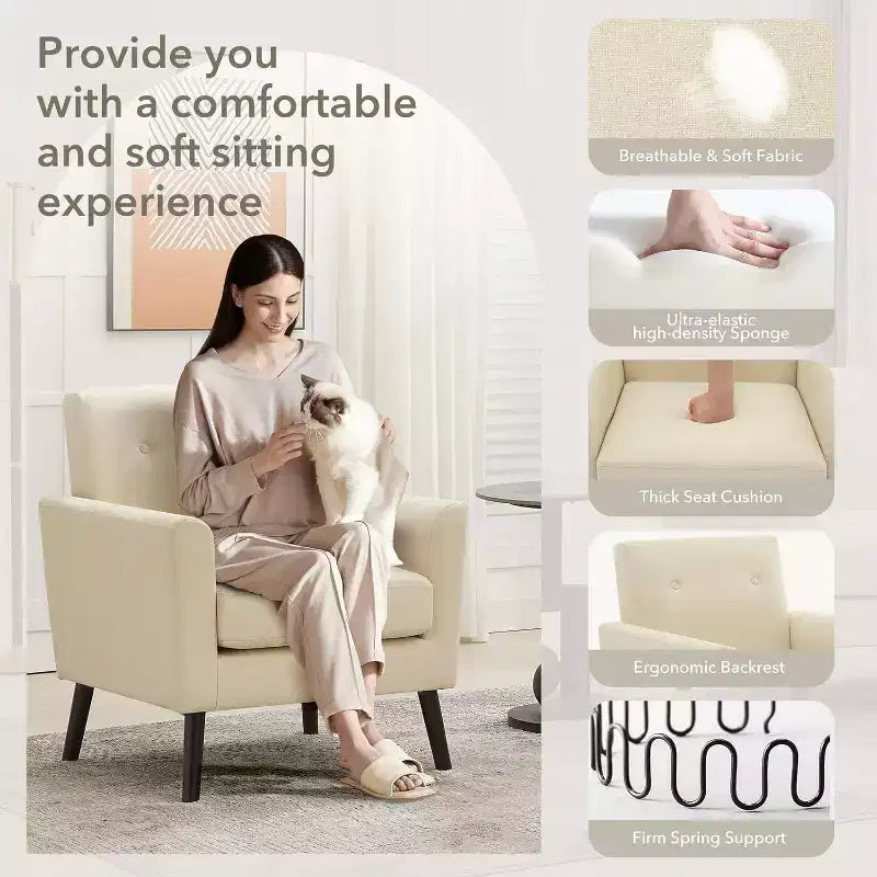 Mid-Century Modern Fabric Accent Armchair with Wood Legs