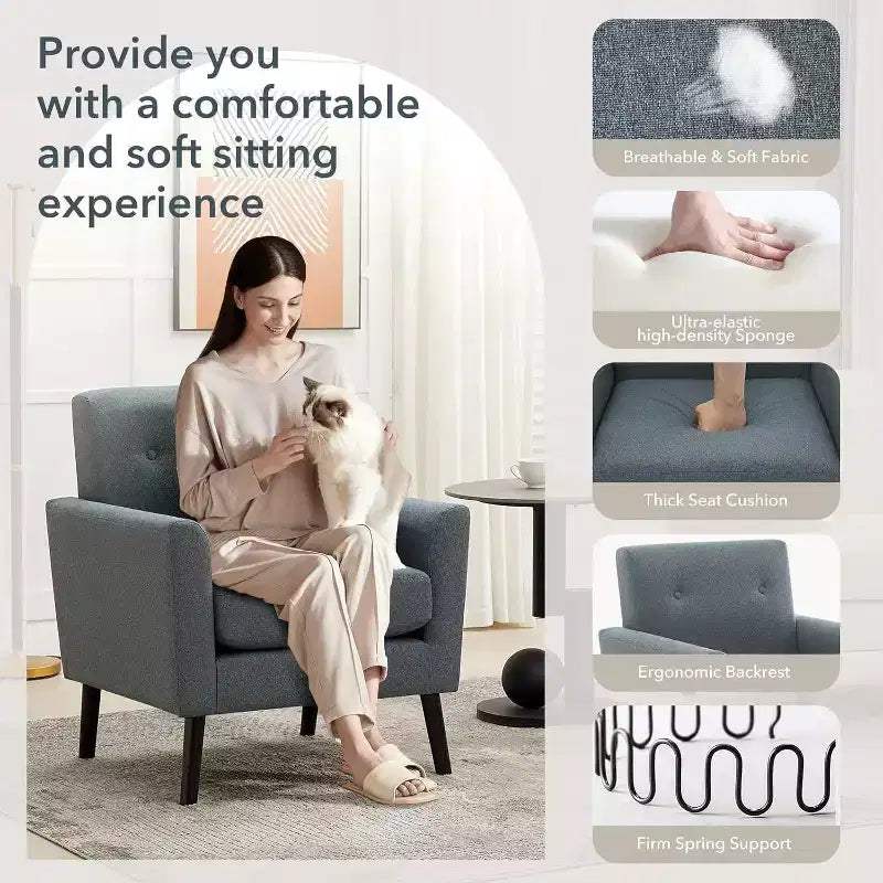 Mid-Century Modern Fabric Accent Armchair with Wood Legs