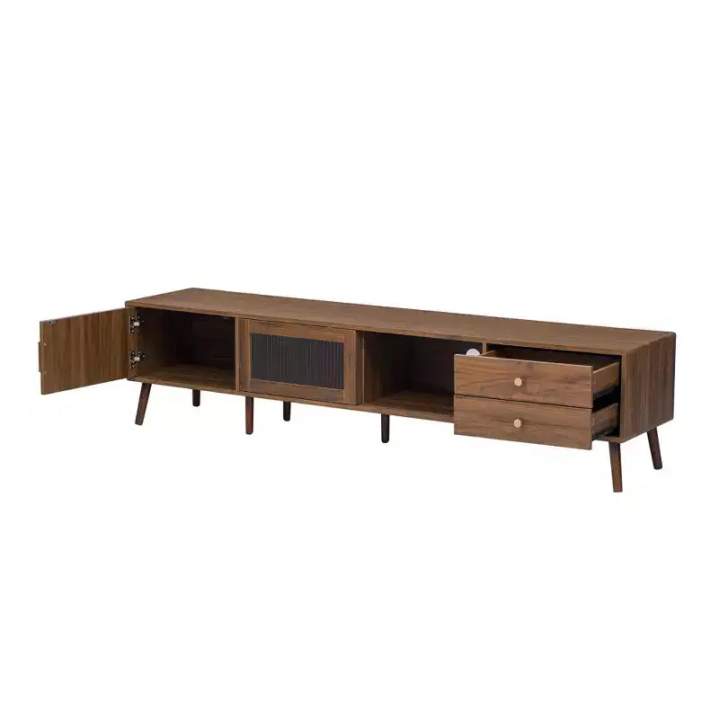 Mobile TV ModernLuxe per televisori fino a 85 pollici, centro d'intrattenimento con armadietti e ante in vetro, console multimediale, naturale
