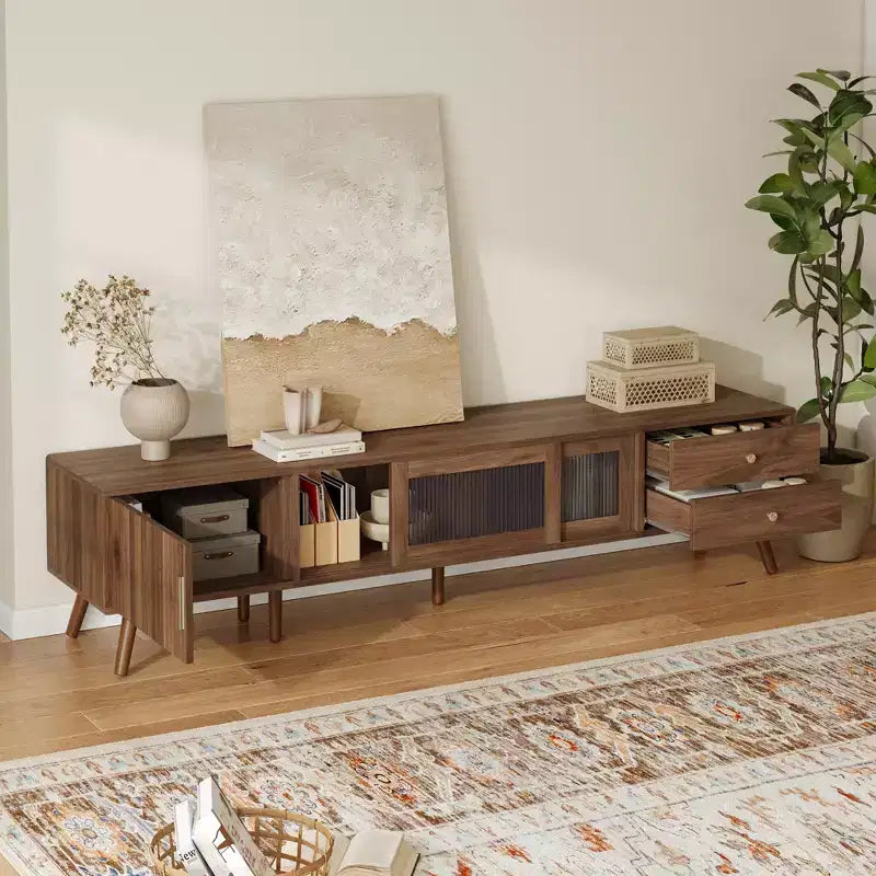 Mobile TV ModernLuxe per televisori fino a 85 pollici, centro d'intrattenimento con armadietti e ante in vetro, console multimediale, naturale