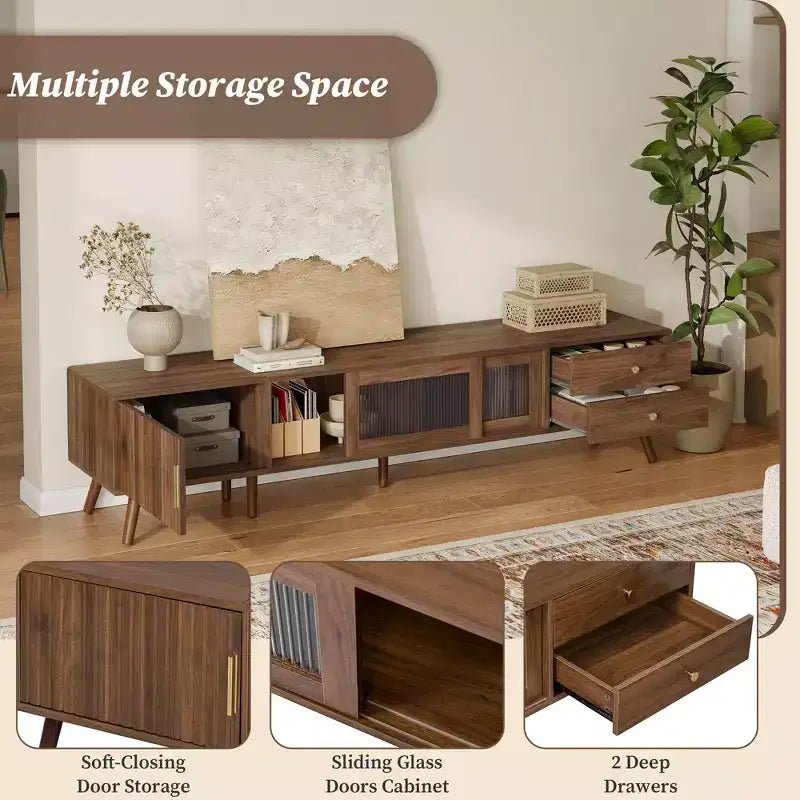 Mobile TV ModernLuxe per televisori fino a 85 pollici, centro d'intrattenimento con armadietti e ante in vetro, console multimediale, naturale