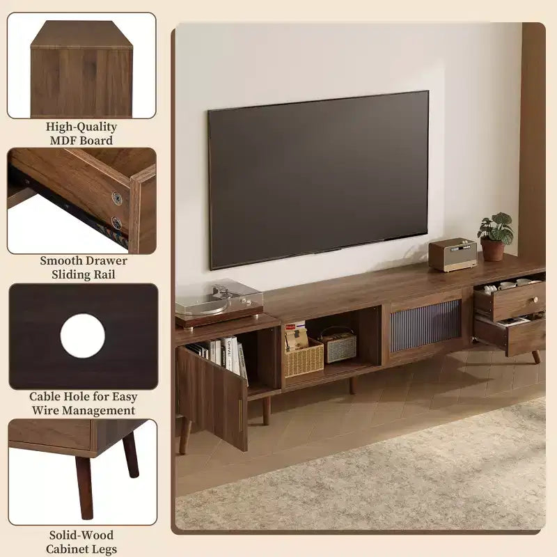 Mobile TV ModernLuxe per televisori fino a 85 pollici, centro d'intrattenimento con armadietti e ante in vetro, console multimediale, naturale