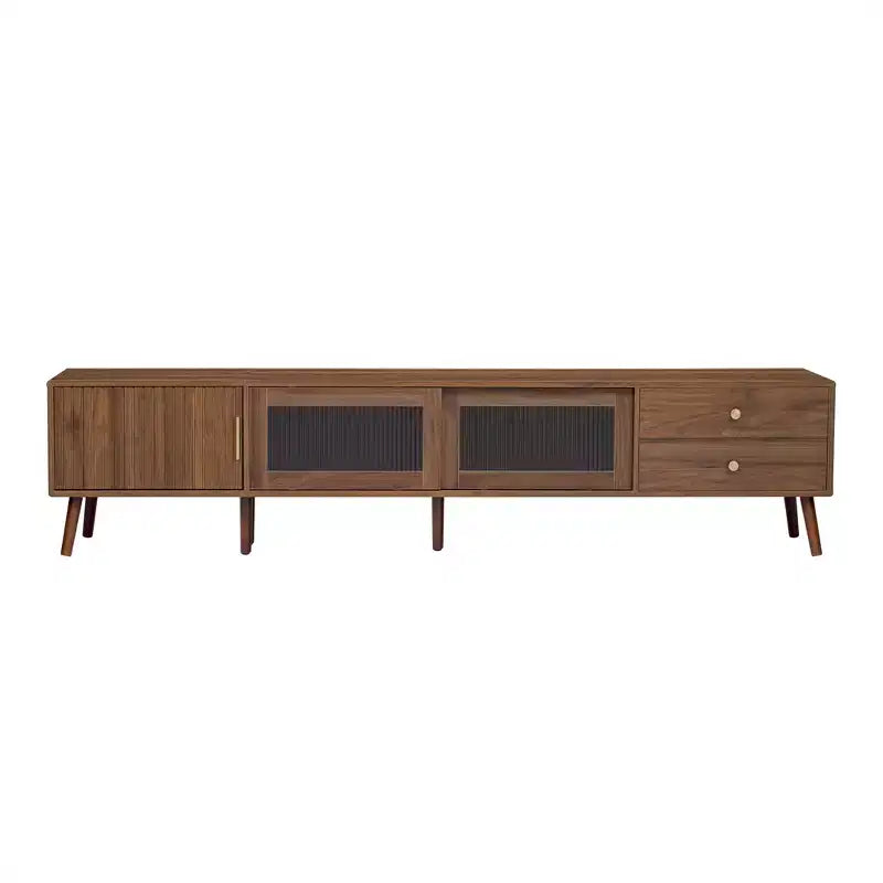 Mobile TV ModernLuxe per televisori fino a 85 pollici, centro d'intrattenimento con armadietti e ante in vetro, console multimediale, naturale