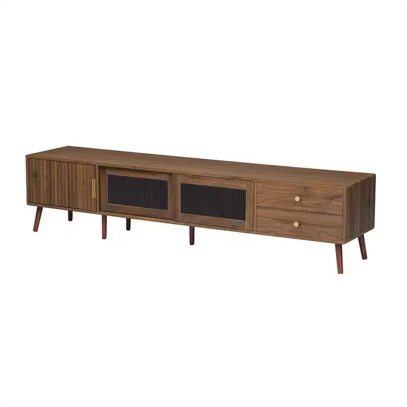 Mobile TV ModernLuxe per televisori fino a 85 pollici, centro d'intrattenimento con armadietti e ante in vetro, console multimediale, naturale