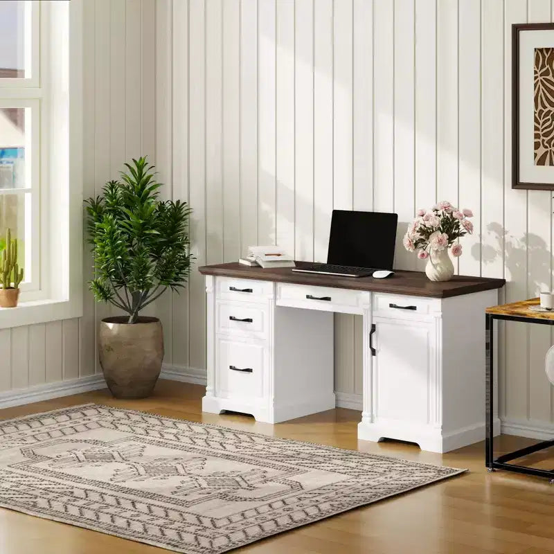 Famapy Scrivania da ufficio per computer in legno bianco e marrone con cassetti - Workstation per ufficio domestico