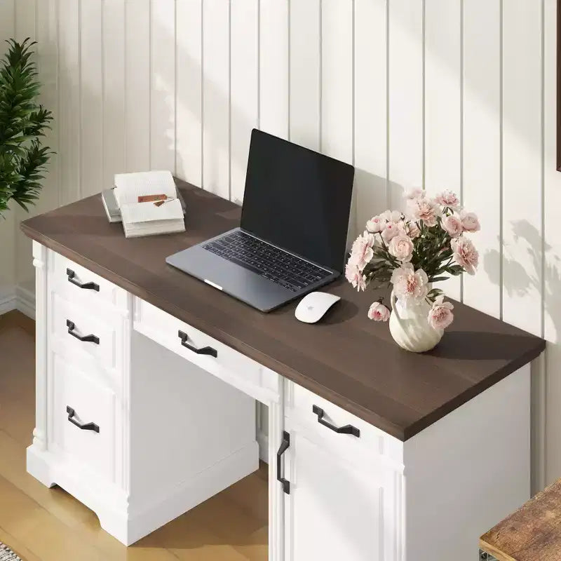 Famapy Scrivania da ufficio per computer in legno bianco e marrone con cassetti - Workstation per ufficio domestico