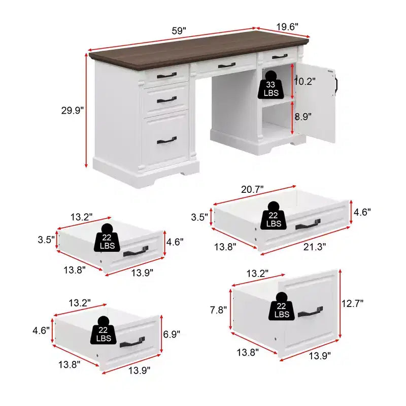 Famapy Scrivania da ufficio per computer in legno bianco e marrone con cassetti - Workstation per ufficio domestico