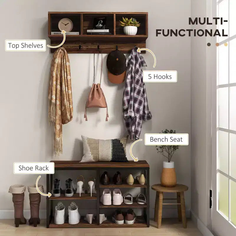 Hall Tree with 5 Hooks, Bench & Shoe Storage for Entryway – 2-in-1 Coat Rack