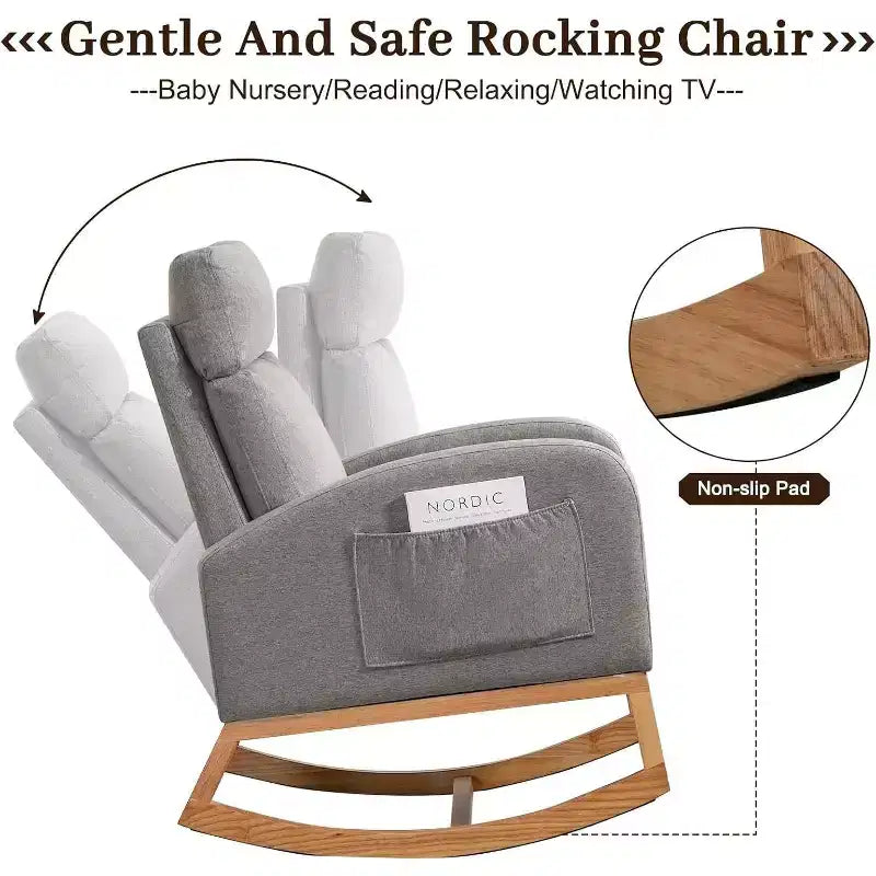 Nursery Rocking Chair Glider with Storage Pockets – High Back, Wood Base