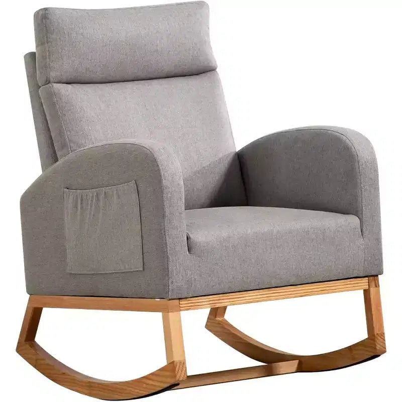 Nursery Rocking Chair Glider with Storage Pockets – High Back, Wood Base