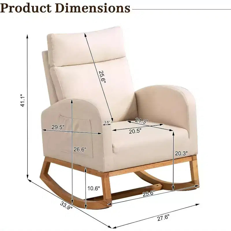 Nursery Rocking Chair Glider with Storage Pockets – High Back, Wood Base