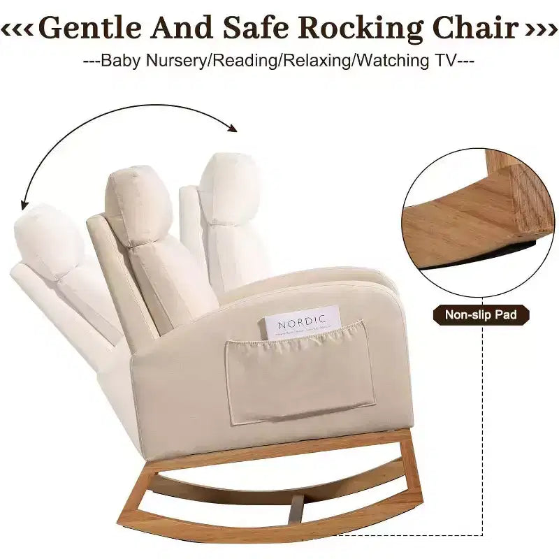 Nursery Rocking Chair Glider with Storage Pockets – High Back, Wood Base