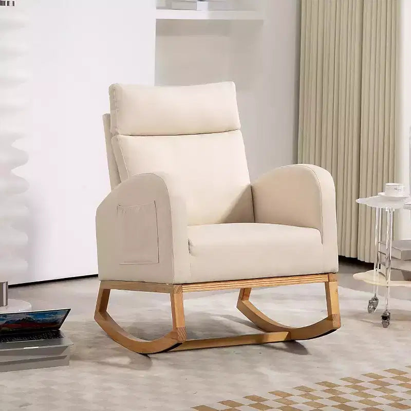 Nursery Rocking Chair Glider with Storage Pockets – High Back, Wood Base