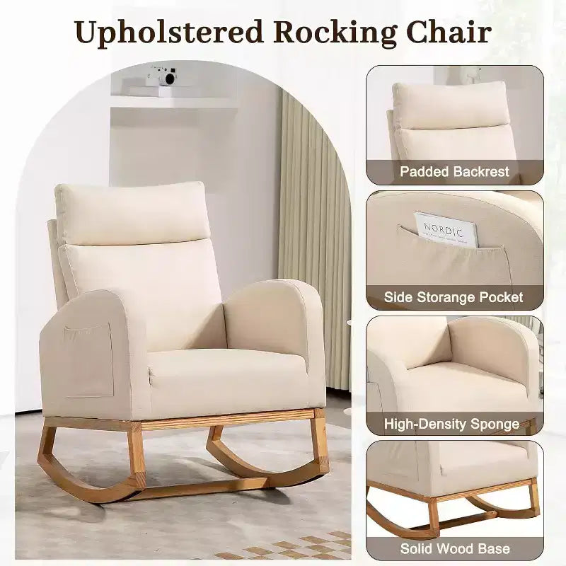 Nursery Rocking Chair Glider with Storage Pockets – High Back, Wood Base