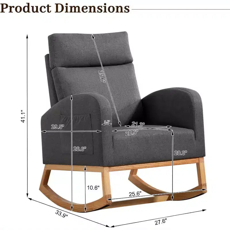 Nursery Rocking Chair Glider with Storage Pockets – High Back, Wood Base
