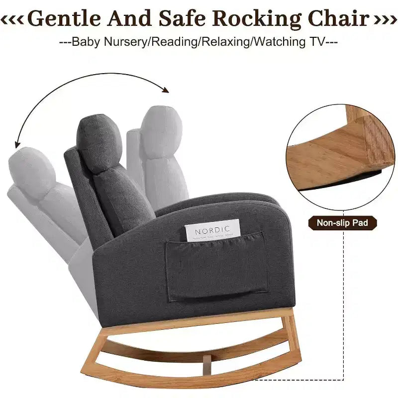 Nursery Rocking Chair Glider with Storage Pockets – High Back, Wood Base