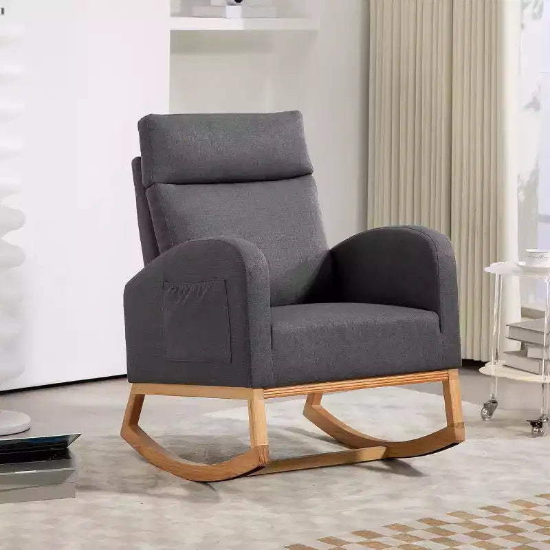 Nursery Rocking Chair Glider with Storage Pockets – High Back, Wood Base