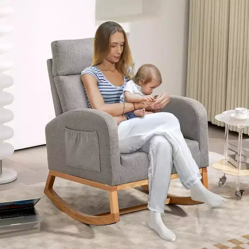 Nursery Rocking Chair Glider with Storage Pockets – High Back, Wood Base