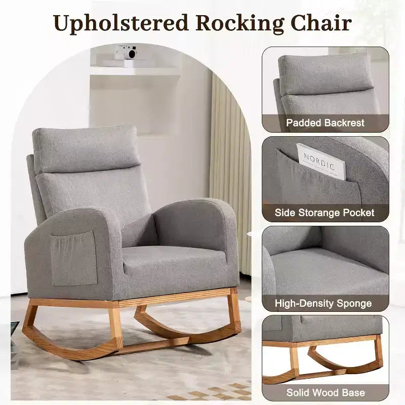 Nursery Rocking Chair Glider with Storage Pockets – High Back, Wood Base