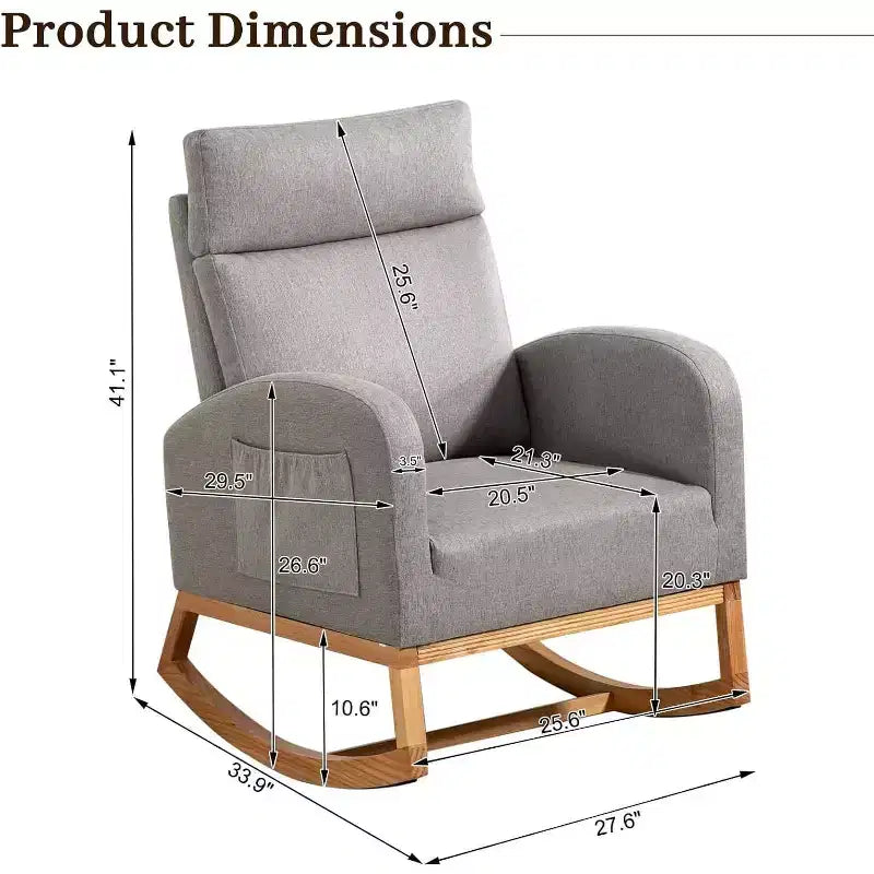 Nursery Rocking Chair Glider with Storage Pockets – High Back, Wood Base