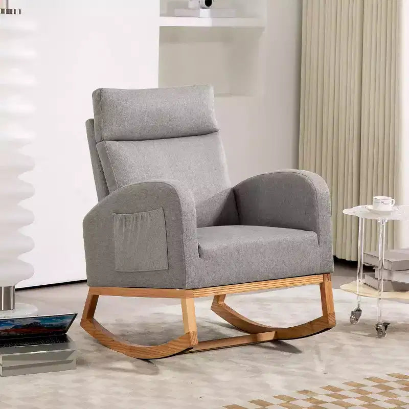 Nursery Rocking Chair Glider with Storage Pockets – High Back, Wood Base