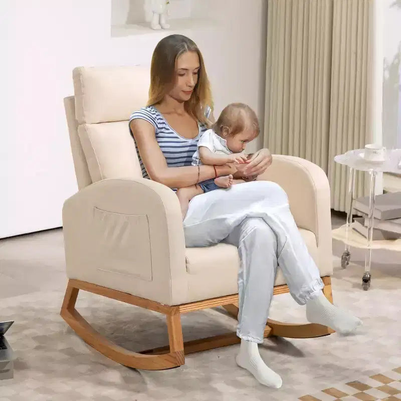 Nursery Rocking Chair Glider with Storage Pockets – High Back, Wood Base