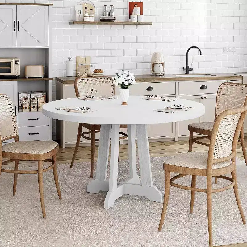 Acekool Tavolo da pranzo rotondo da 119 cm, 4 posti, piano in legno con base a piedistallo incrociato, tavolo salvaspazio per cucina e sala da pranzo, stile rustico