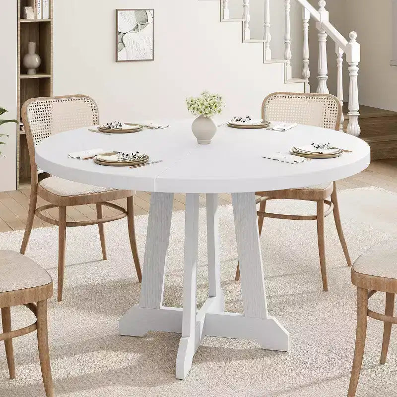 Acekool Tavolo da pranzo rotondo da 119 cm, 4 posti, piano in legno con base a piedistallo incrociato, tavolo salvaspazio per cucina e sala da pranzo, stile rustico