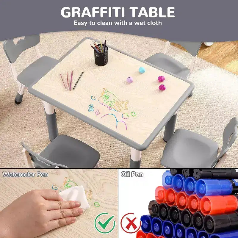 Kids Table & 4 Chair Set – Height Adjustable Activity Desk for Ages 2–10