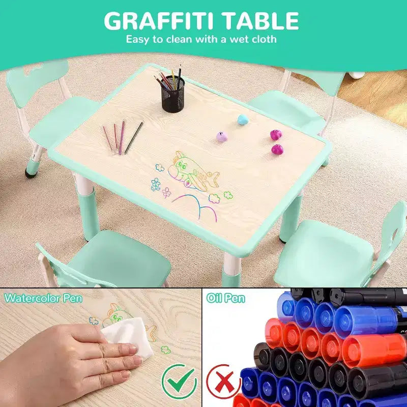 Kids Table & 4 Chair Set – Height Adjustable Activity Desk for Ages 2–10