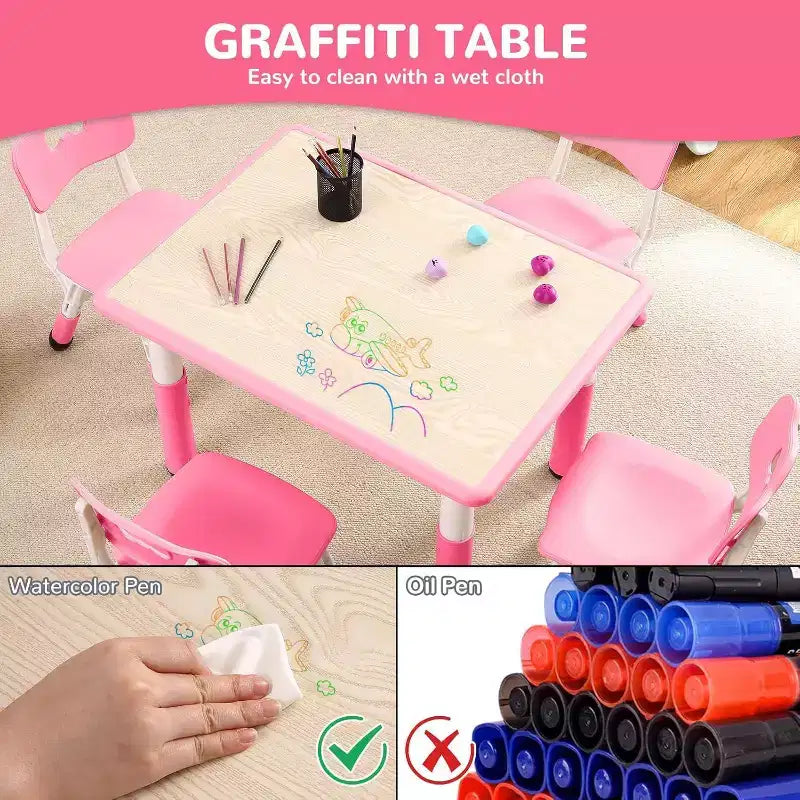 Kids Table & 4 Chair Set – Height Adjustable Activity Desk for Ages 2–10