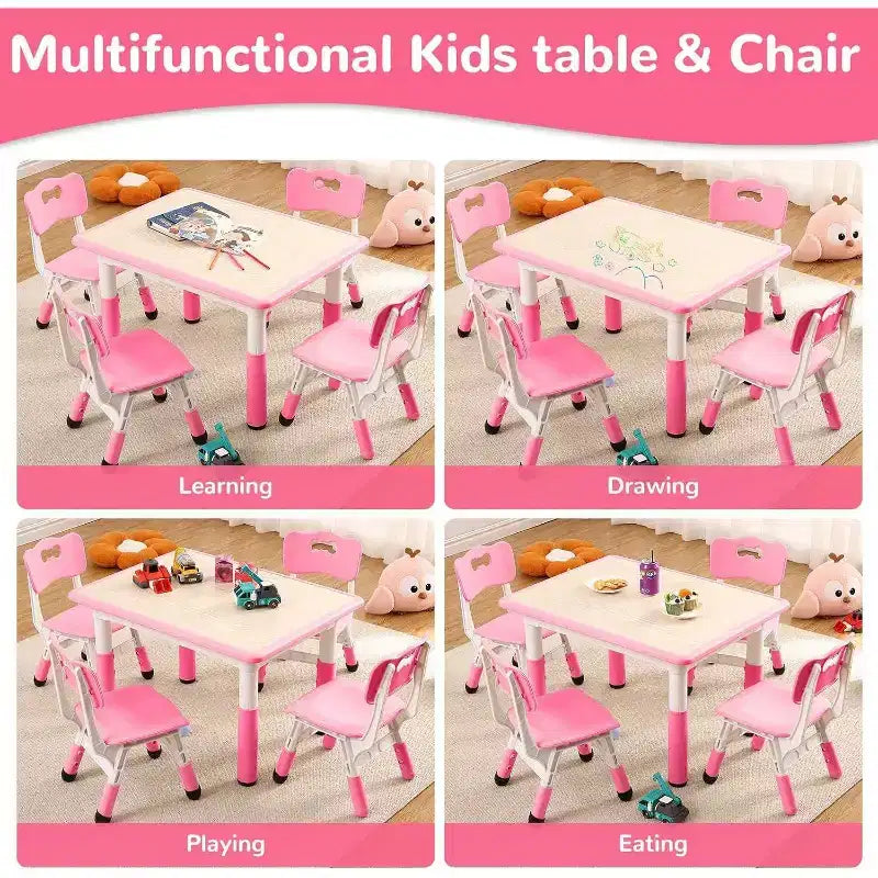 Kids Table & 4 Chair Set – Height Adjustable Activity Desk for Ages 2–10