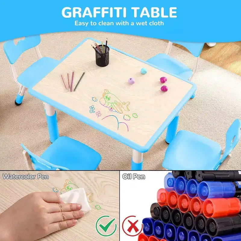 Kids Table & 4 Chair Set – Height Adjustable Activity Desk for Ages 2–10