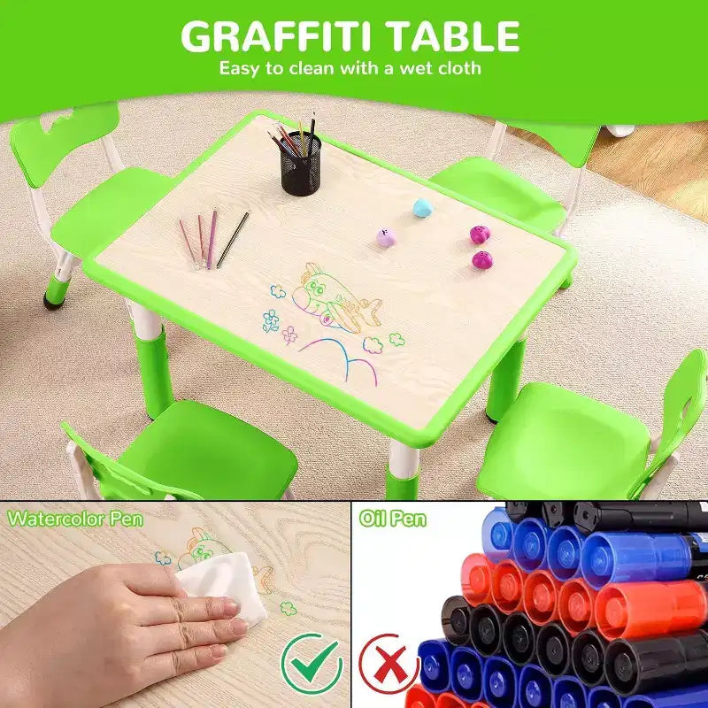 Kids Table & 4 Chair Set – Height Adjustable Activity Desk for Ages 2–10