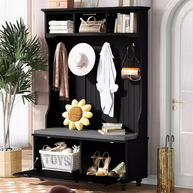 47" 4-in-1 Entryway Hall Tree with Bench, Storage, 4 Hooks & Cushion – Black