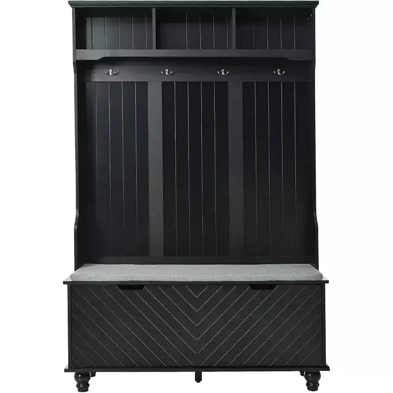 47" 4-in-1 Entryway Hall Tree with Bench, Storage, 4 Hooks & Cushion – Black