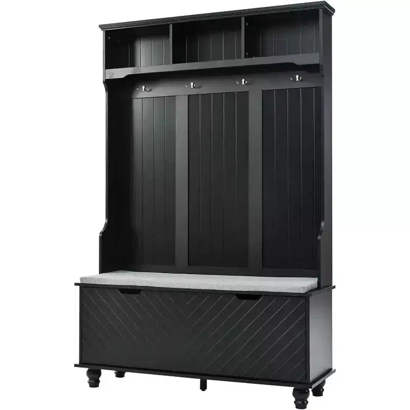 47" 4-in-1 Entryway Hall Tree with Bench, Storage, 4 Hooks & Cushion – Black