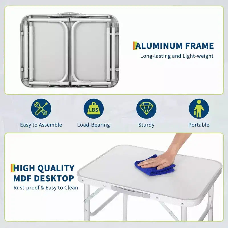 24"x17" Aluminum Folding Camping Table – Adjustable Height, Lightweight Portable