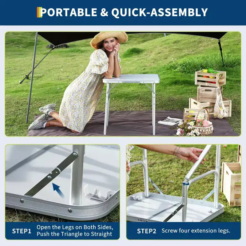 24"x17" Aluminum Folding Camping Table – Adjustable Height, Lightweight Portable