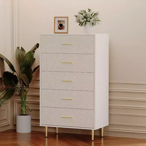 8 Drawer Dresser, White Dresser for Bedroom, Fabric Pattern Chest of Drawer with Gold Metal Handles and Legs for Living Room, Hallway