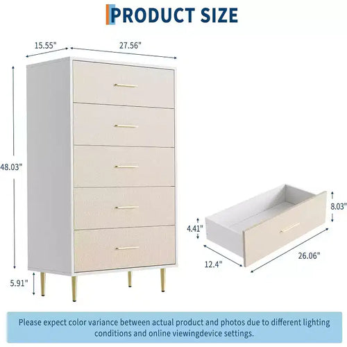 Cassettiera a 8 cassetti, comò bianco per camera da letto, cassettiera con motivo in tessuto con maniglie e gambe in metallo dorato per soggiorno, corridoio