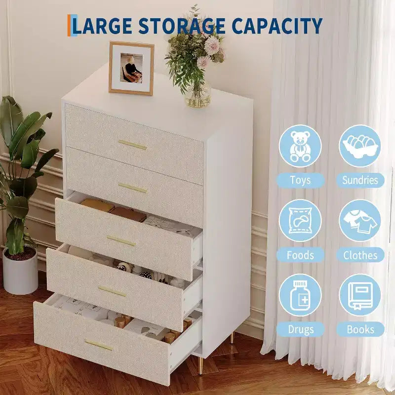 8 Drawer Dresser, White Dresser for Bedroom, Fabric Pattern Chest of Drawer with Gold Metal Handles and Legs for Living Room, Hallway